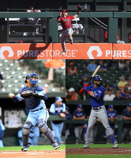 Top: Daulton Varsho Makes a Leaping Catch Bottom Left: Gabriel Moreno Throws to Second Bottom Right: Lourdes Gurriel Jr. at bat