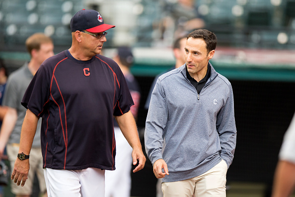 Cleveland Guardians manager Terry Francona chatting with general manager Chris Antonetti.