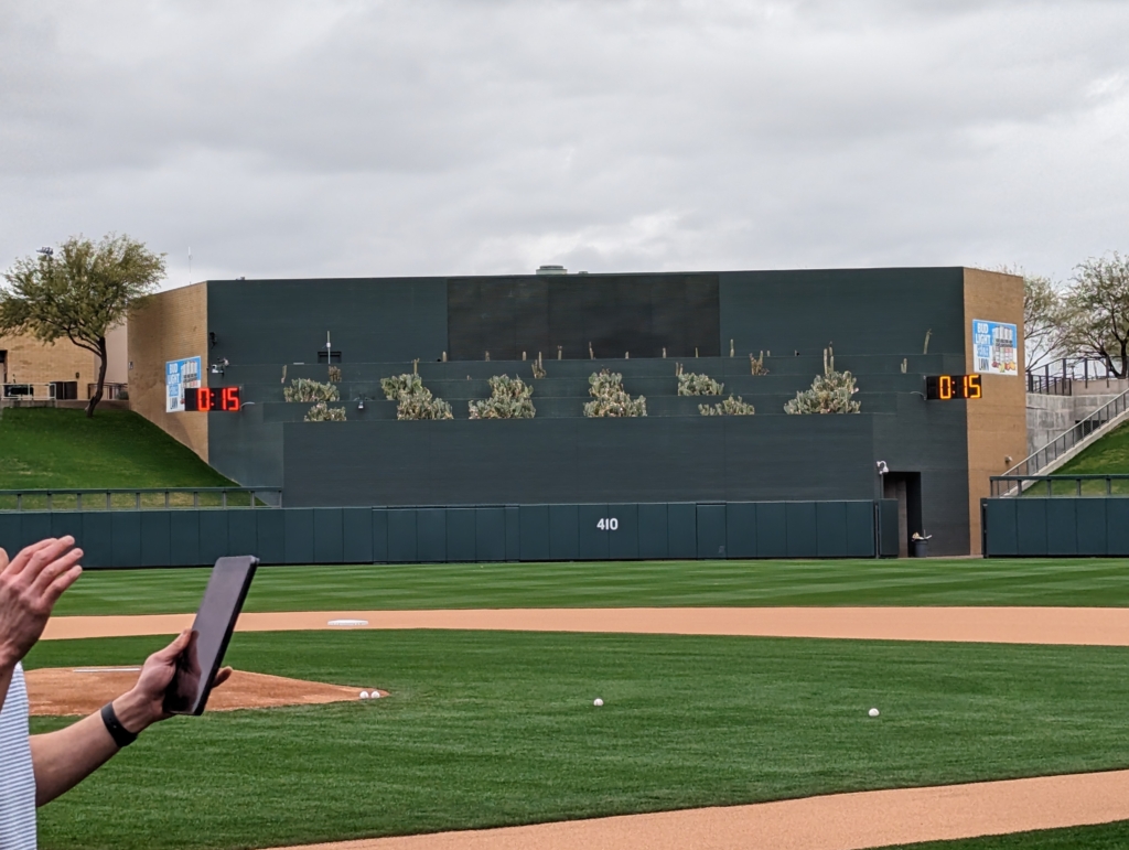 A view of the pitch clocks in center field at Salt River Fields, spring training home of the Arizona Diamondbacks and Colorado Rockies.