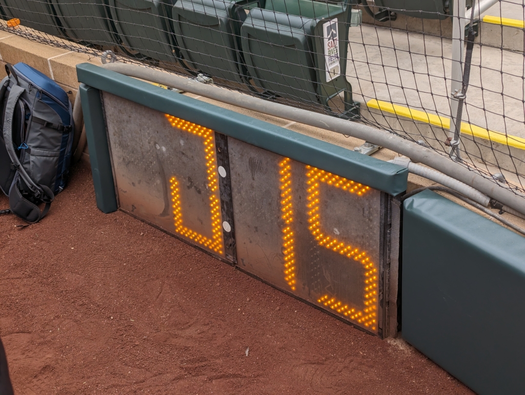 MLB Rule Changes — A view of the pitch clock behind home plate at Salt River Field in Scottsdale, Arizona.