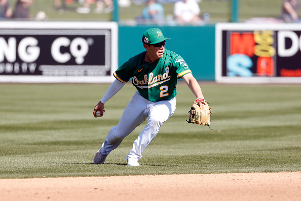 Nick Allen, shortstop of the 2023 Oakland Athletics, fields a ground ball during spring training
