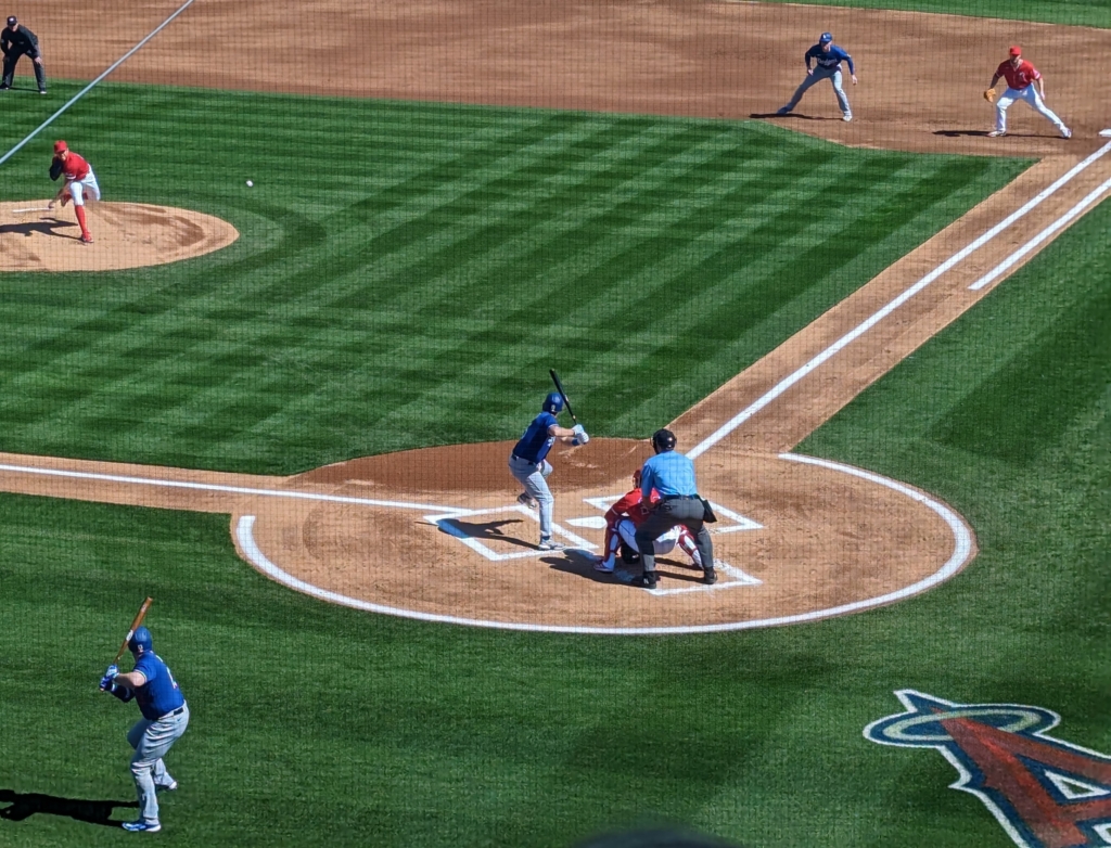 Tyler Anderson of the Los Angeles Angels throwing a pitch to Los Angeles Dodgers catcher Austin Barnes.