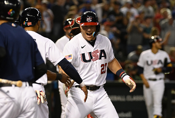Mike Trout celebrating a home run in the USA victory over Canada in the World Baseball Classic.