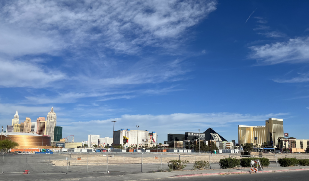 The Athletics new land purchase with Las Vegas skyline from left to right: T-Mobile Arena, Hotel and Casinos New York-New York (behind T-Mobile Arena), Tropicana Las Vegas, Excalibur, Luxor, Mandalay Bay, & Delano