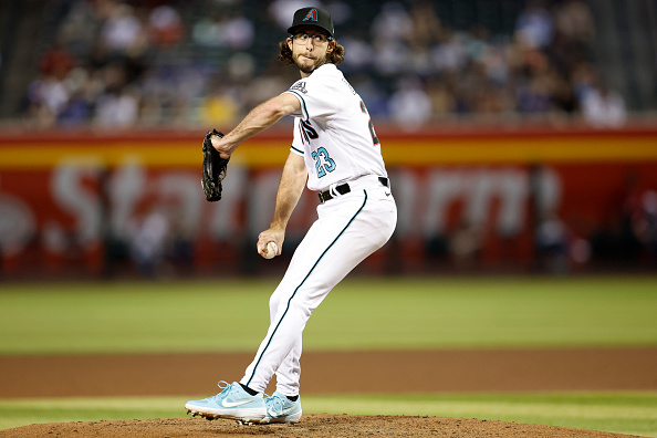 Zac Gallen pitches for the Diamondbacks in their 3–0 victory over the Brewers.