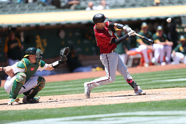 Ketel Marte of the Diamondbacks batting against the Athletics. The Diamondbacks face the Athletics after taking three of four from the Giants.