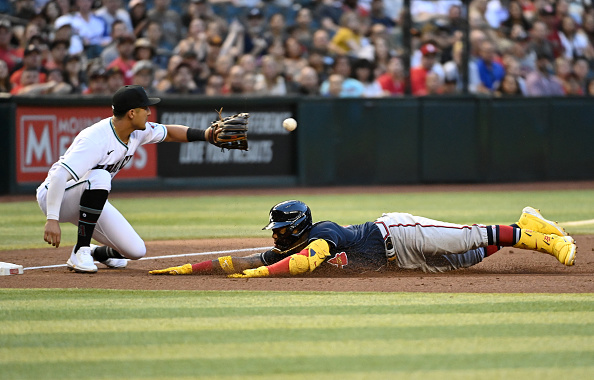 Ronald Acuna of the Braves getting tagged out by Josh Rojas of the Diamondbacks. The Diamondbacks, after sweeping the Rockies, face the Braves in a three-game series Friday through Sunday.