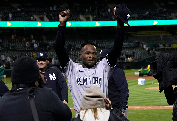 Domingo German of the New York Yankees celebrating his perfect game
