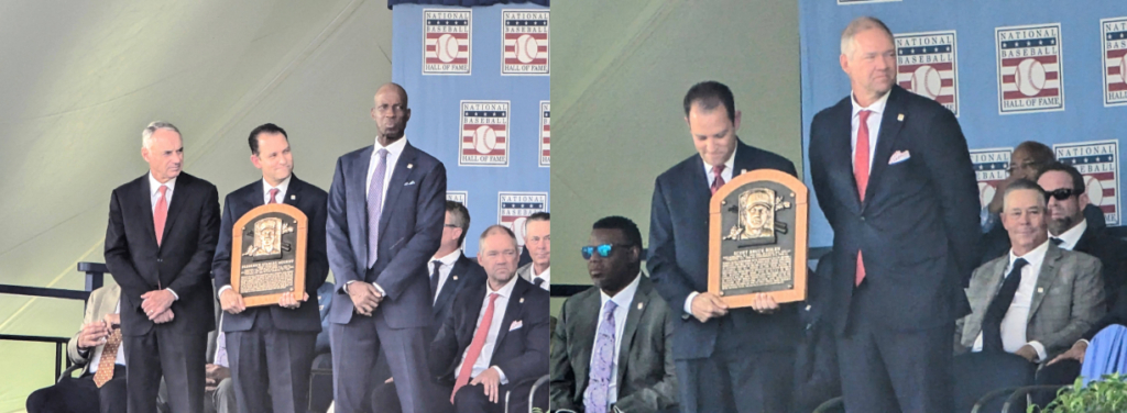 Fred McGriff and Scott Rolen on stage with their plaques at the Hall of Fame induction ceremony