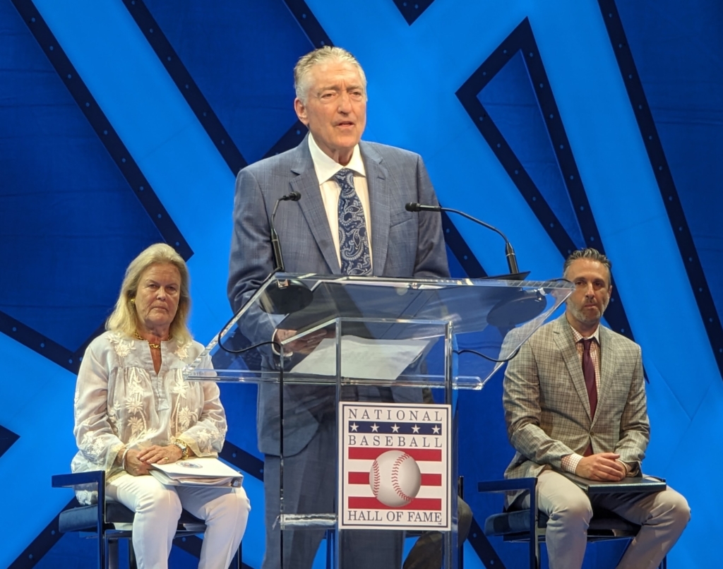 Pat Hughes delivering his acceptance speech after receiving the 2023 Ford C. Frick Award for excellence in broadcasting