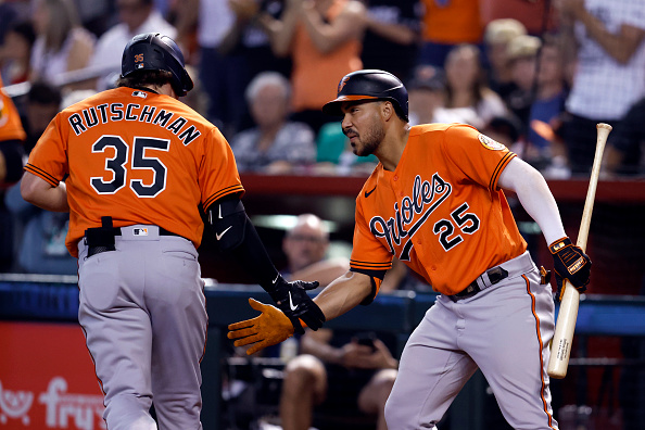 Adley Rutschman and Anthony Santander of the Orioles celebrating the former's home run against the Diamondbacks