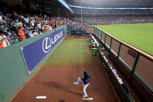 Framber Valdez warming up prior to Game 2 of the 2023 ALCS between the Rangers and Astros