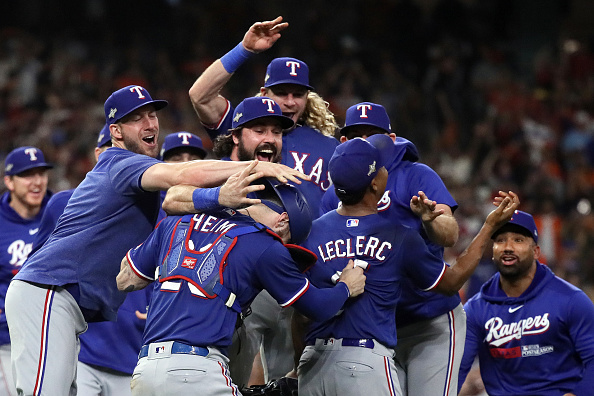 Rangers celebrating the win over the Astros