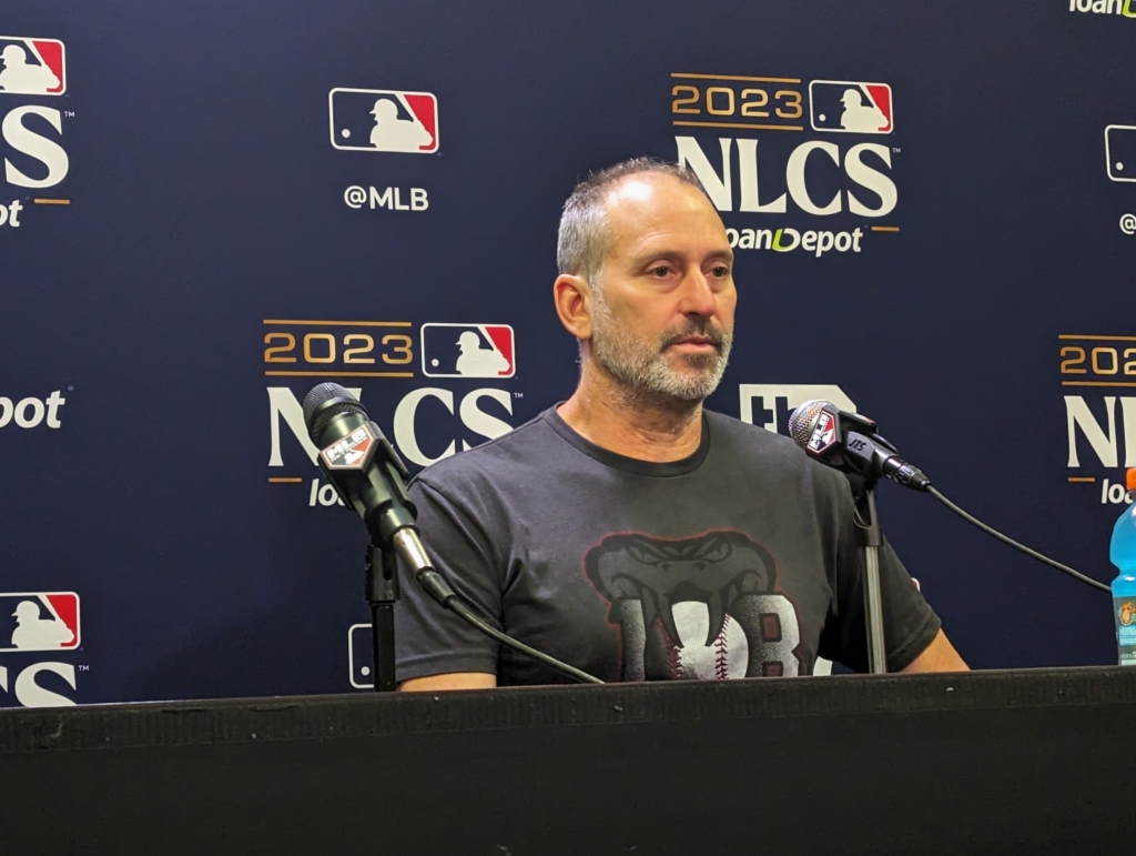 Torey Lovullo addressing the media before the Diamondbacks faced the Phillies in Game 3 of the 2023 NLCS.