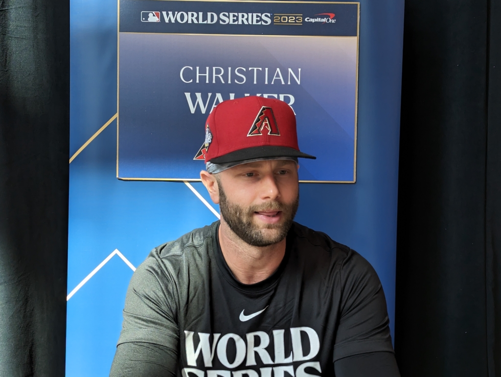 Christian Walker speaks during World Series Media Day at the home of the Texas Rangers.
