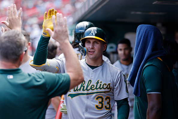 JJ Bleday of the Athletics celebrating a home run against the Cardinals