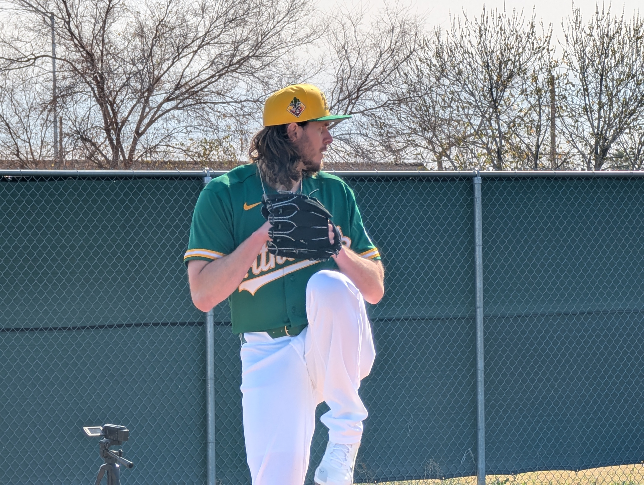 Athletics reliever Scott Barlow throwing a bullpen session during Spring Training 2026.