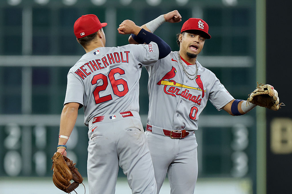 Members of the Cardinals celebrating a win over the Athletics