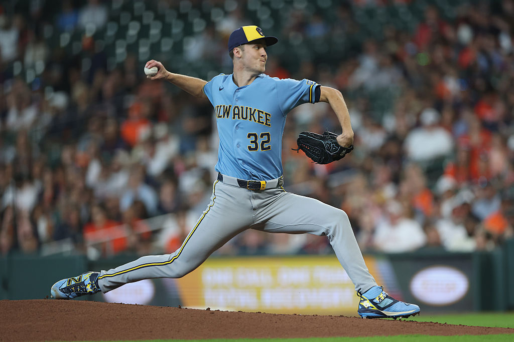 Jacob Misiorowski of the Brewers pitching against the Astros and finishing off a May for the ages