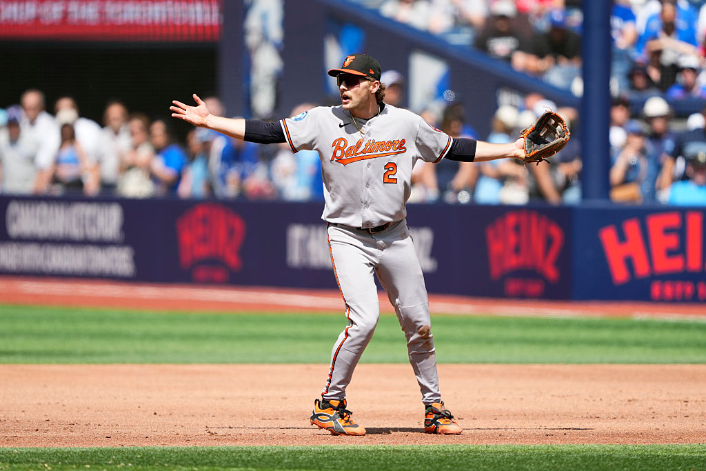 Gunnar Henderson of the Orioles protesting an umpire "base line" decision he didn't like against the Blue Jays