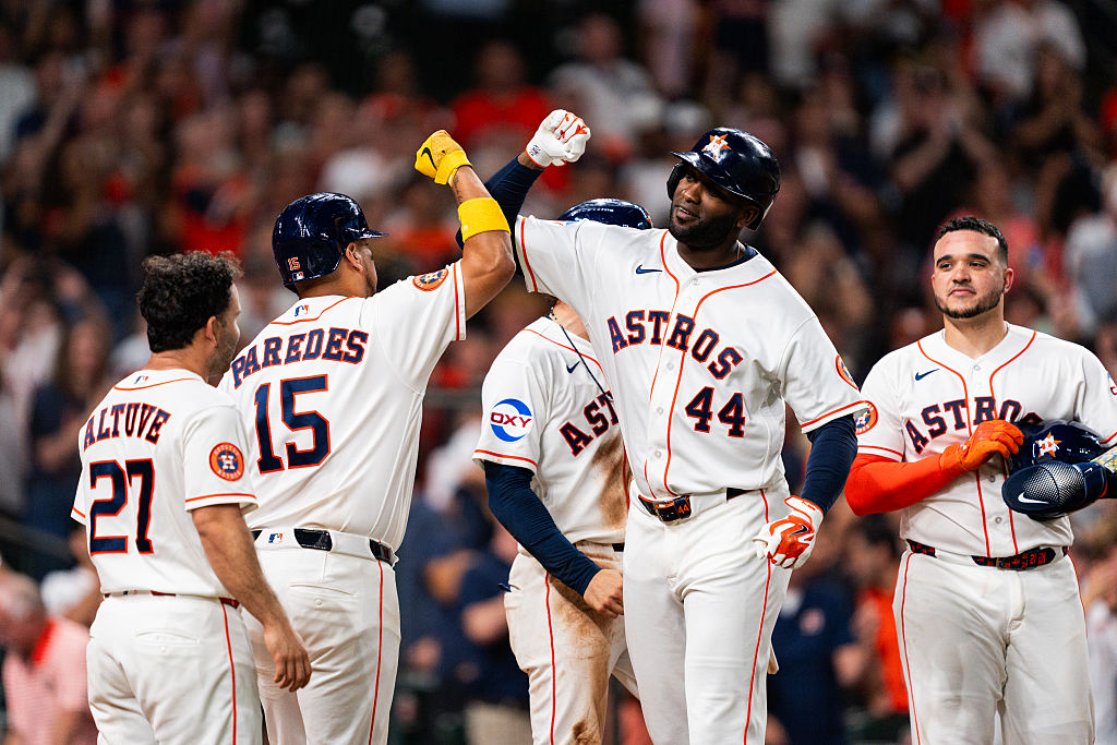 Yordan Alvarez of the Astros celebrating a grand slam against the Twins