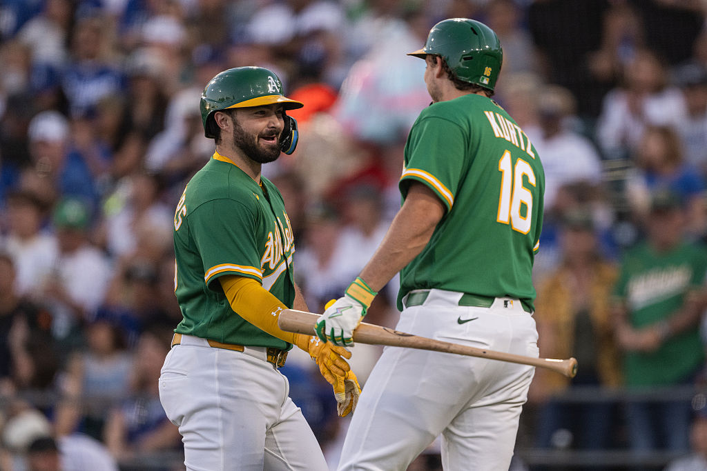 Athletics catcher Shea Langeliers and first baseman Nick Kurtz, both 2026 All-Stars, celebrating a home run