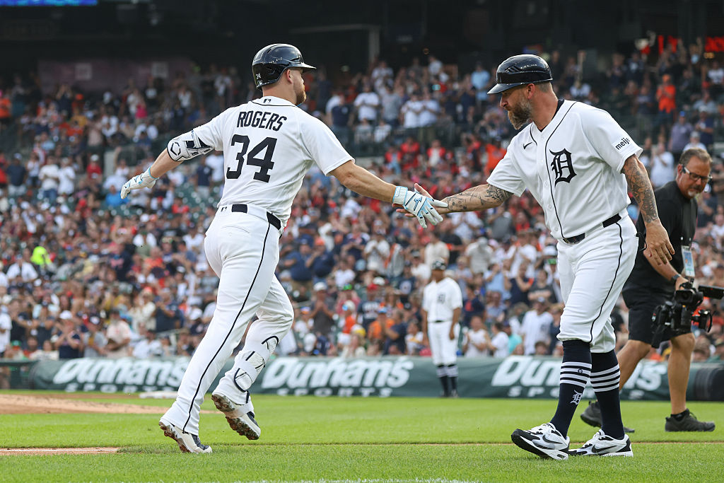 Jake Rogers of the Tigers celebrating a pinch-homer against the Athletics
