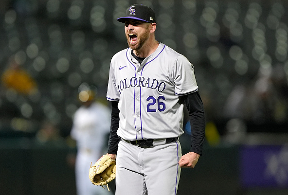 Austin Gomber of the Rockies celebrating the last out of the eighth inning against the Athletics