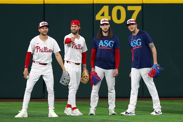 Trea Turner Bryce Harper Matt Strahm Jeff Hoffman during the workouts prior to the 2024 Major League Baseball All-Star Game