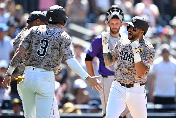 David Peralta of the Padres celebrating a home run against the Rockies