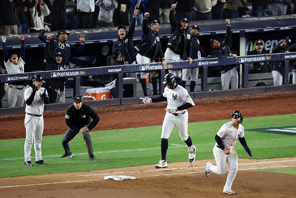 Aaron Judge of the Yankees running out his home run in Game 2 of the 2024 ALCS against the Guardians