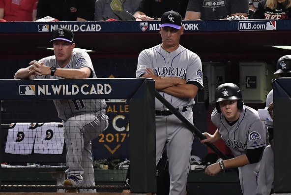 Bud Black managing the Rockies and Mike Redmond coaching the Rockies during the 2017 NL Wild Card Game