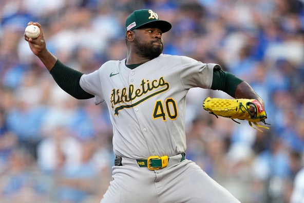 Luis Severino of the Athletics pitching against the Royals