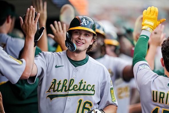 Nick Kurtz of the Athletics celebrating with teammates after his home run against the Tigers