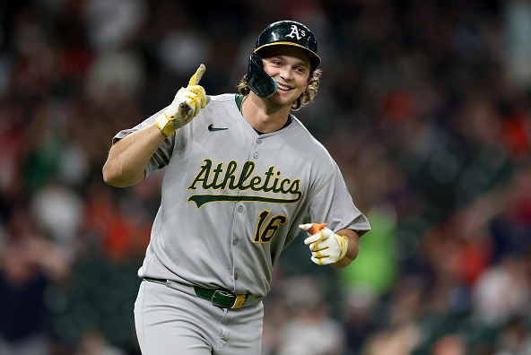 Nick Kurtz of the Athletics celebrating his fourth homer of the game against the Astros
