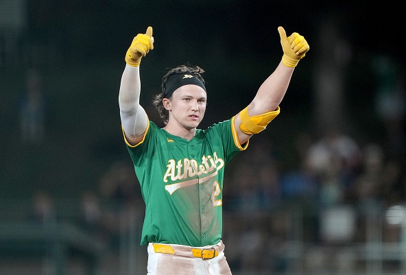 Zack Gelof of the Athletics celebrating a double against the Tigers