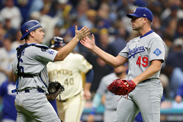 The Dodgers celebrate defeating the Brewers in Game 1 of the 2025 NLCS