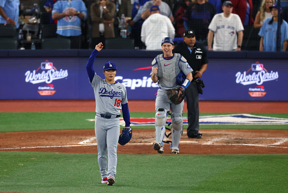 Yoshinobu Yamamoto and Will Smith of the Dodgers celebrating their team's win over the Toronto Blue Jays in Game 2 of the 2025 World Series