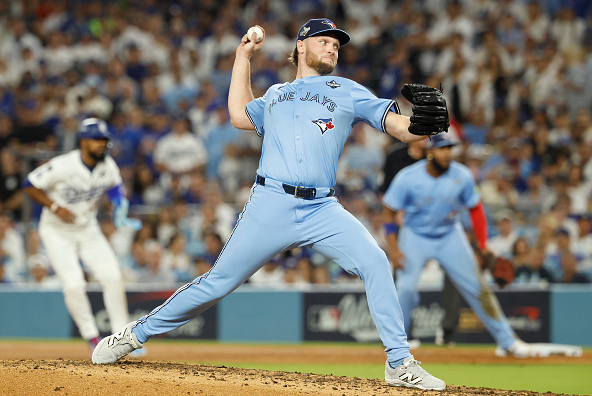 Trey Yesavage of the Blue Jays pitching in Game 5 of the 2025 World Series against the Dodgers