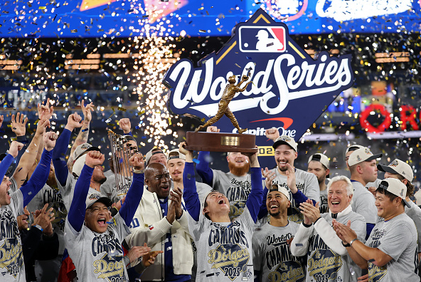 The Dodgers celebrating their Game 7 win over the Blue Jays for their second straight title
