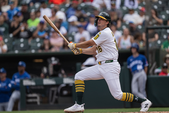 Nick Kurtz of the Athletics hitting a homer. Kurtz is a 2025 Silver Slugger.