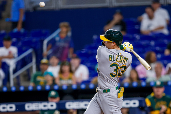 JJ Bleday of the Athletics batting against the Marlins. The Athletics non-tendered JJ Bleday and signed pitchers Luis Medina and Ken Waldichuk to one-year contracts for 2026, the team announced Friday.