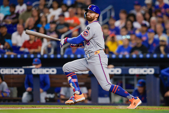 Brandon Nimmo batting. His trade to the Rangers opened up a hole in left field for the New York Mets.