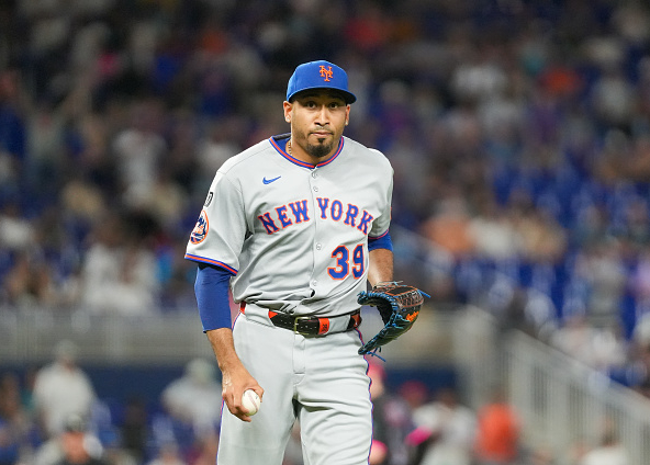 Edwin Diaz about to make the final out of a game between his New York Mets and the Miami Marlins