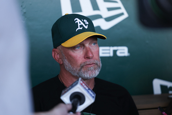 Athletics manager Mark Kotsay speaking to the press