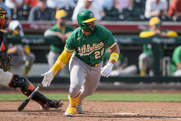 Carlos Cortes batting for the Athletics in Spring Training 2026