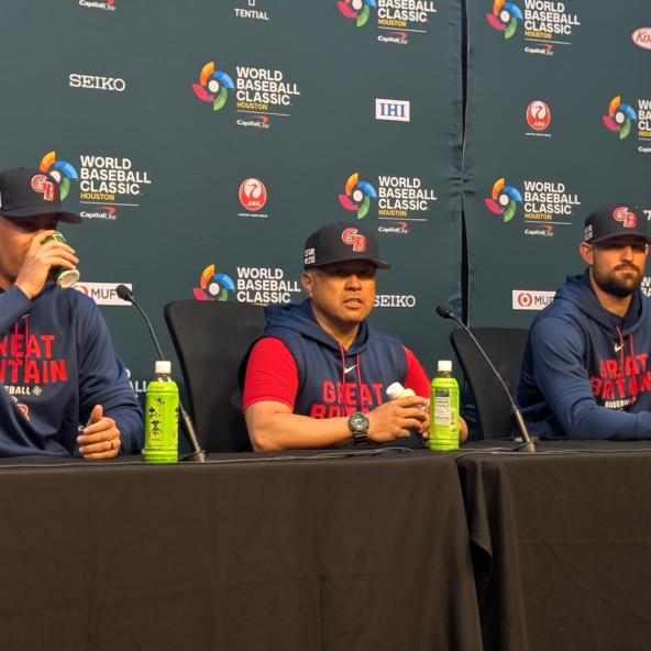 Great Britain pitchers Brendan Beck and Tristan Beck flank manager Brad Marcelino during a pre-game press conference prior to facing Mexico in the opener of Group B of the 2026 World Baseball Classic in Houston.