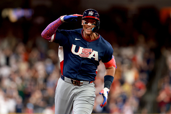 Aaron Judge of the United States giving a salute while running out a homer against Brazil in the 2026 World Baseball Classic