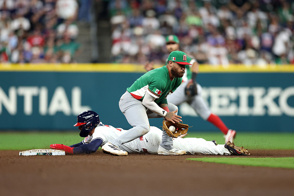 Bobby Witt Jr of the United States stealing second against Mexico in the World Baseball Classic