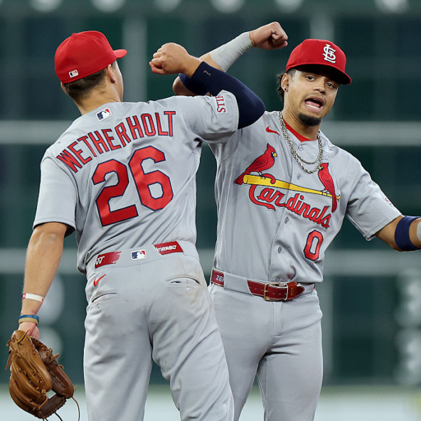 Members of the Cardinals celebrating a win over the Athletics